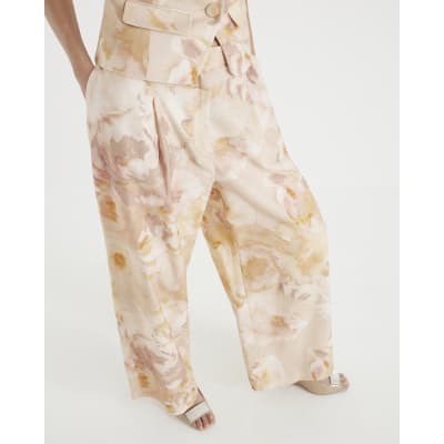 Pink Floral Linen Blend Wide Leg Trousers