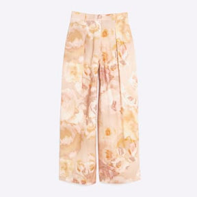 Pink Floral Linen Blend Wide Leg Trousers