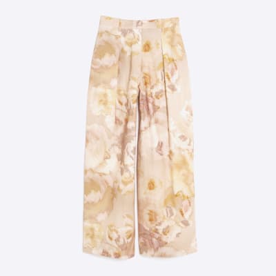 Pink Floral Linen Blend Wide Leg Trousers