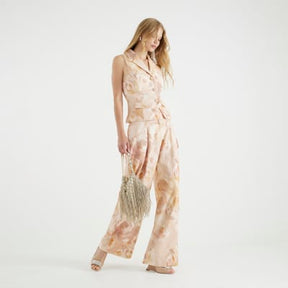 Pink Floral Linen Blend Wide Leg Trousers