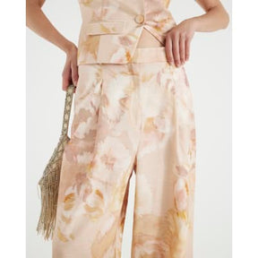 Pink Floral Linen Blend Wide Leg Trousers