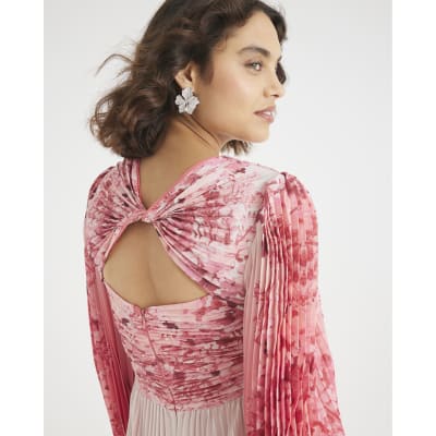 Pink Floral Long Sleeve Plisse Maxi Dress