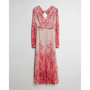 Pink Floral Long Sleeve Plisse Maxi Dress
