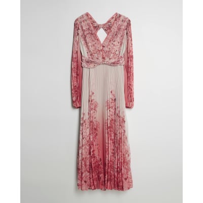 Pink Floral Long Sleeve Plisse Maxi Dress