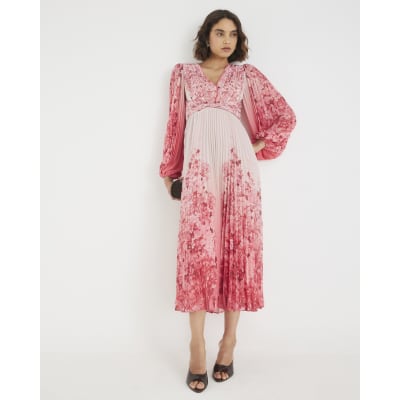 Pink Floral Long Sleeve Plisse Maxi Dress