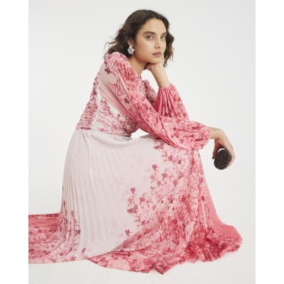 Pink Floral Long Sleeve Plisse Maxi Dress