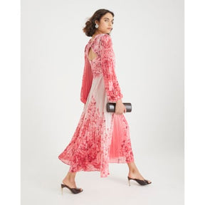Pink Floral Long Sleeve Plisse Maxi Dress