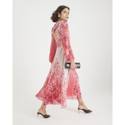 Pink Floral Long Sleeve Plisse Maxi Dress
