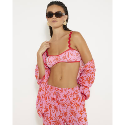 Pink floral print print bikini top