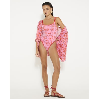 Pink floral printed swimsuit
