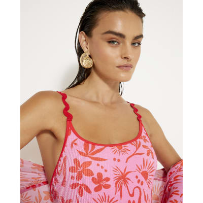 Pink floral printed swimsuit
