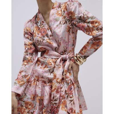 Pink Floral Satin Belted Mini Shirt Dress