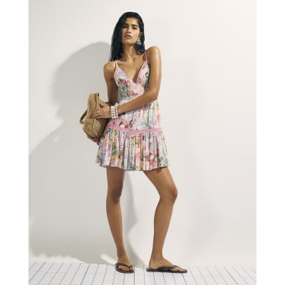 Pink Floral Shirred Mini Beach Dress