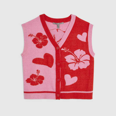 Pink Floral Sleeveless Cardigan