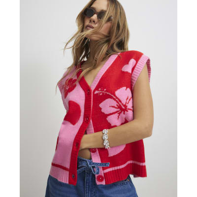Pink Floral Sleeveless Cardigan