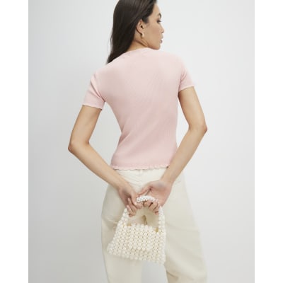 Pink Frill Trim Ribbed Knitted Top