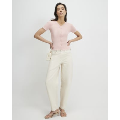 Pink Frill Trim Ribbed Knitted Top