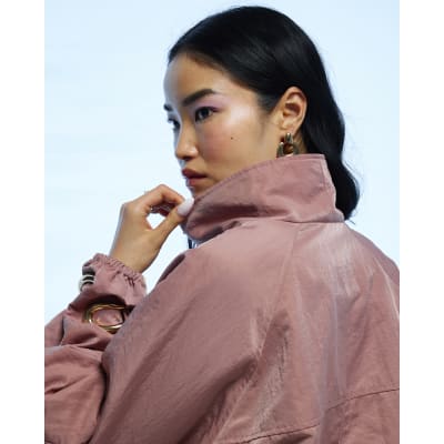 Pink Funnel Neck Drawstring Hem Bomber Jacket