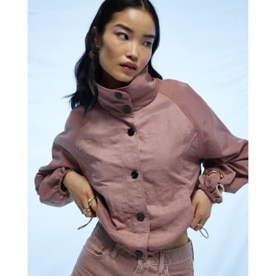 Pink Funnel Neck Drawstring Hem Bomber Jacket