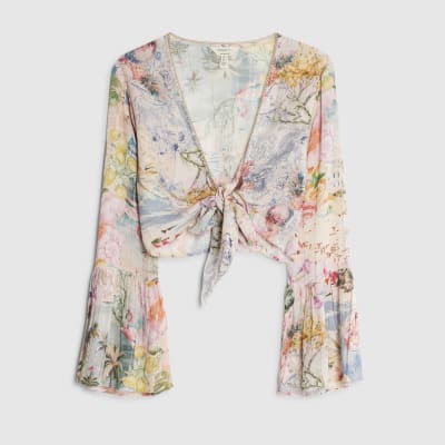 Pink Graphic Print Tie Front Beach Top