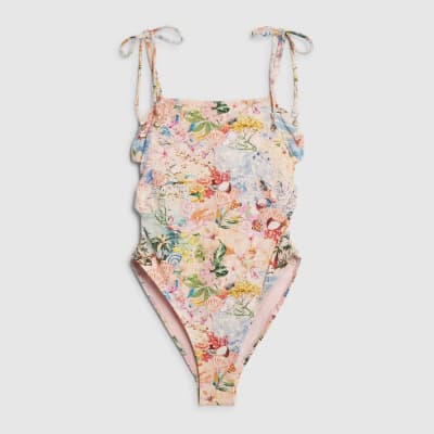 Pink Graphic Print Tie Strap Swimsuit