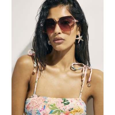 Pink Graphic Print Tie Strap Swimsuit