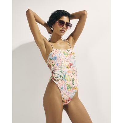 Pink Graphic Print Tie Strap Swimsuit
