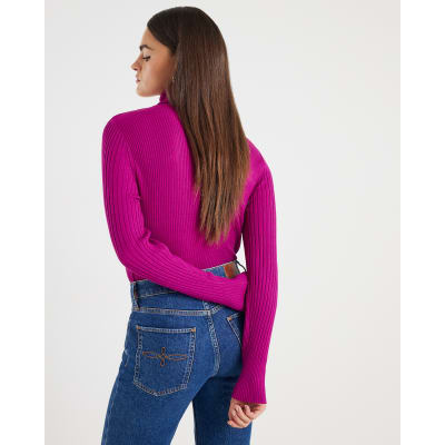 Pink Knit Ribbed Roll Neck Top