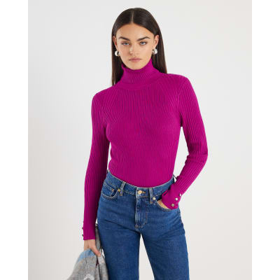 Pink Knit Ribbed Roll Neck Top