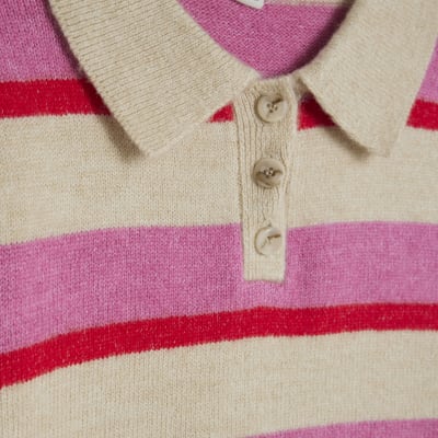 Pink Knit Striped Short Sleeve Polo Top