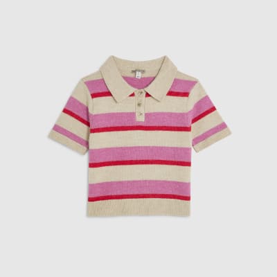 Pink Knit Striped Short Sleeve Polo Top