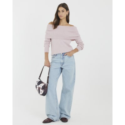 Pink Knitted Bardot Jumper