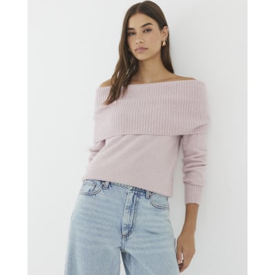 Pink Knitted Bardot Jumper