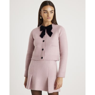 Pink Knitted Bow Front Cardigan