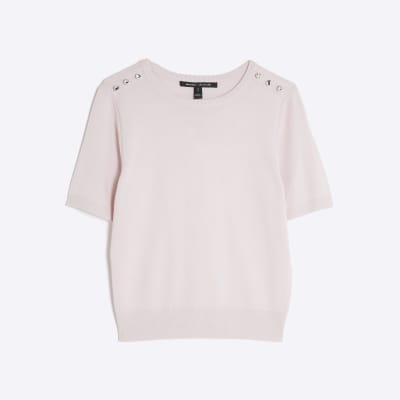 Pink Knitted Button Detail T-shirt