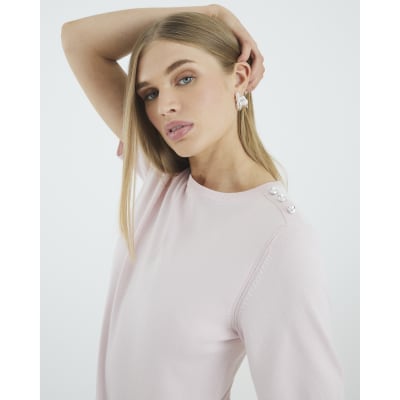 Pink Knitted Button Detail T-shirt