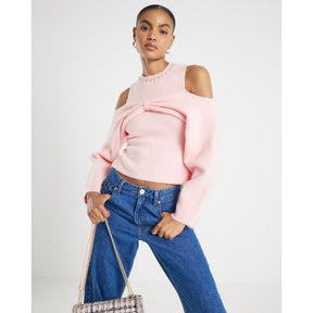 Pink Knitted Cut Out Shoulder Top
