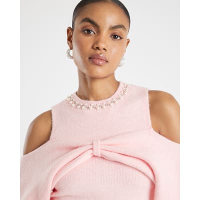 Pink Knitted Cut Out Shoulder Top