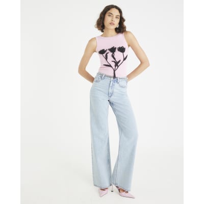 Pink Knitted Floral Applique Vest Top