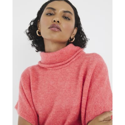 Pink Knitted Sleeveless Roll Neck Top