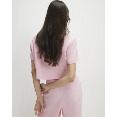 Pink Linen Blend Cropped Scallop Trim Jacket
