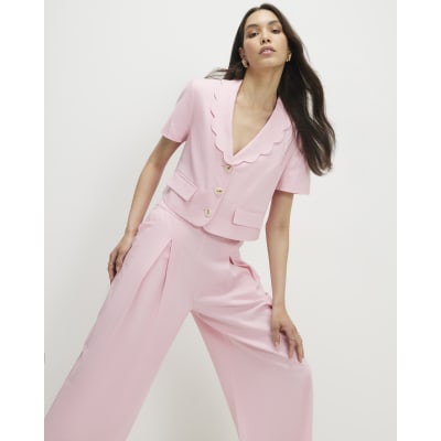 Pink Linen Blend Cropped Scallop Trim Jacket
