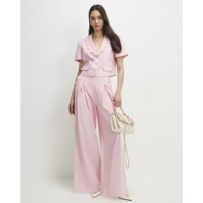 Pink Linen Blend Cropped Scallop Trim Jacket