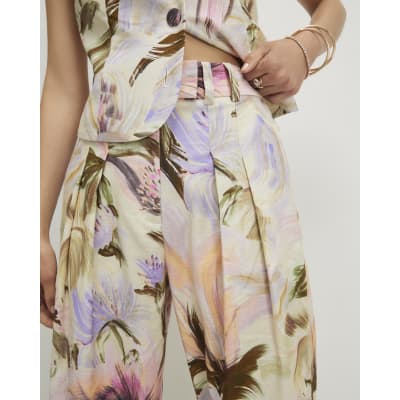 Pink Linen Blend Floral Wide Leg Trousers
