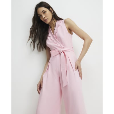Pink Linen Blend Scallop Trim Jumpsuit