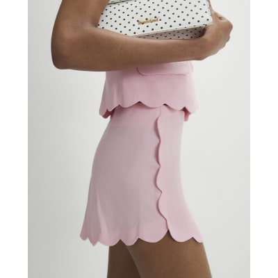 Pink Linen Blend Scallop Trim Shorts