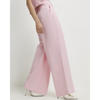 Pink Linen Blend Scalloped Wide Leg Trousers
