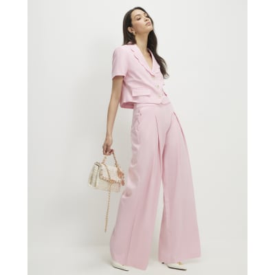 Pink Linen Blend Scalloped Wide Leg Trousers