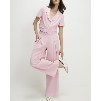 Pink Linen Blend Scalloped Wide Leg Trousers