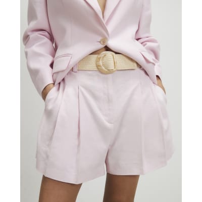 Pink Linen Look Belted Shorts